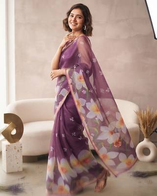 Purple linen floral motifs bollywood digital print saree 2