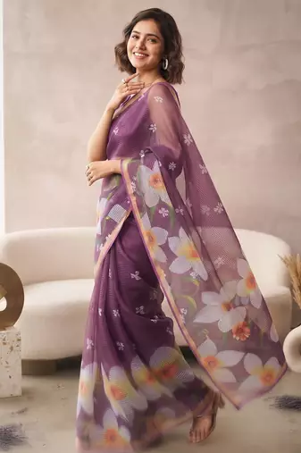 Purple linen floral motifs bollywood digital print saree