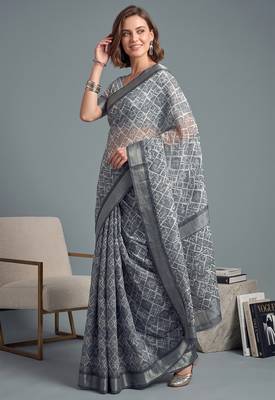 grey linen geometric bollywood digital print saree 1
