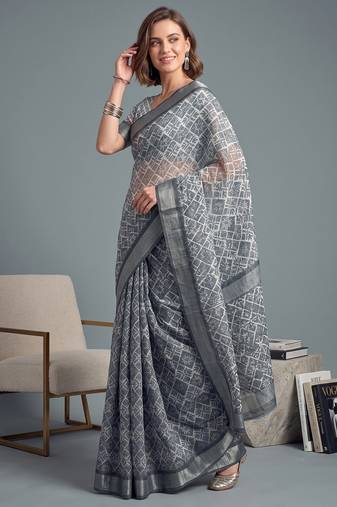 grey linen geometric bollywood digital print saree