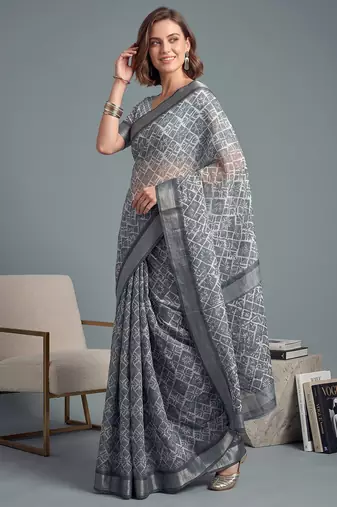 grey linen geometric bollywood digital print saree