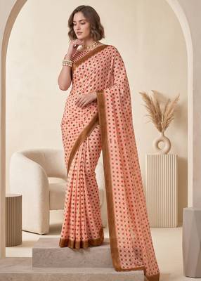 cream & peach chanderi geometric digital print bollywood saree 1