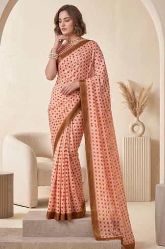 cream & peach chanderi geometric digital print bollywood saree