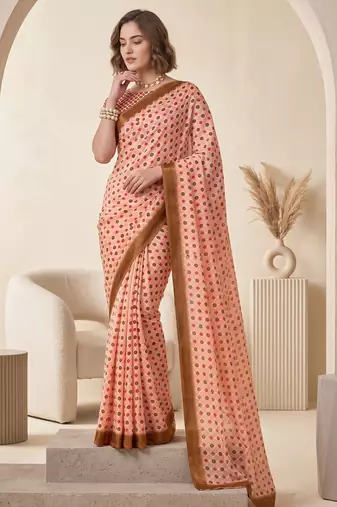 cream & peach chanderi geometric digital print bollywood saree