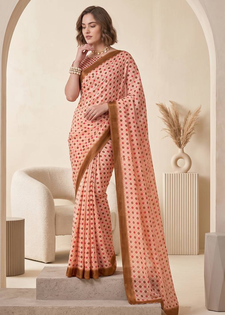 cream & peach chanderi geometric digital print bollywood saree