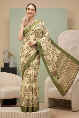 Cream linen block print bollywood digital print saree 2
