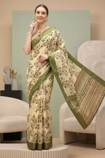 Cream linen block print bollywood digital print saree