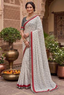 off-white & red chanderi zig-zag printed ready to wear saree 2