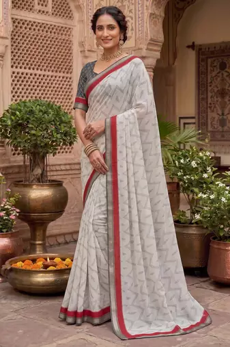 off-white & red chanderi zig-zag printed ready to wear saree