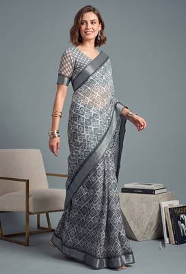 grey linen geometric bollywood digital print saree 2