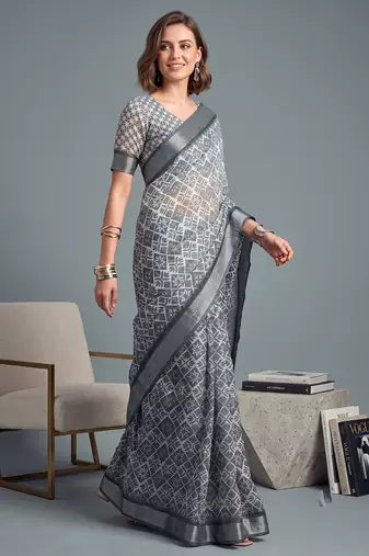 grey linen geometric bollywood digital print saree