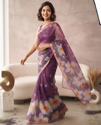 Purple linen floral motifs bollywood digital print saree 3