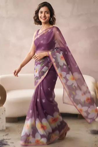 Purple linen floral motifs bollywood digital print saree
