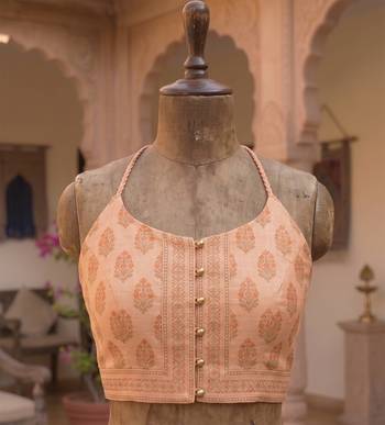 cream & peach chanderi bandhani printed ready to wear saree 5