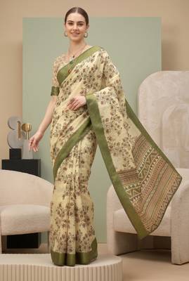 Cream linen block print bollywood digital print saree 3