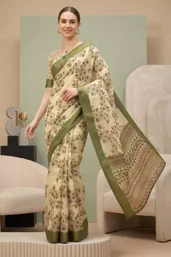Cream linen block print bollywood digital print saree