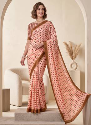 cream & peach chanderi geometric digital print bollywood saree 2