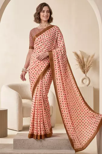 cream & peach chanderi geometric digital print bollywood saree