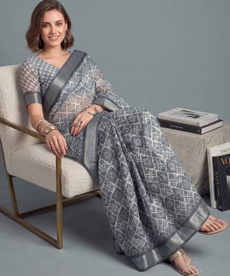 grey linen geometric bollywood digital print saree 3