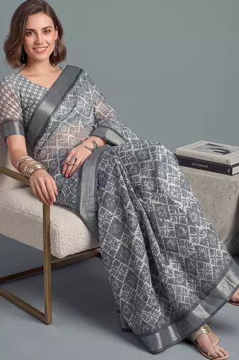 grey linen geometric bollywood digital print saree