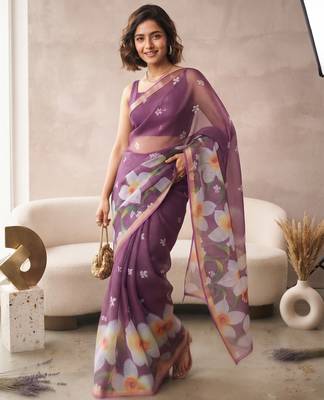 Purple linen floral motifs bollywood digital print saree 4