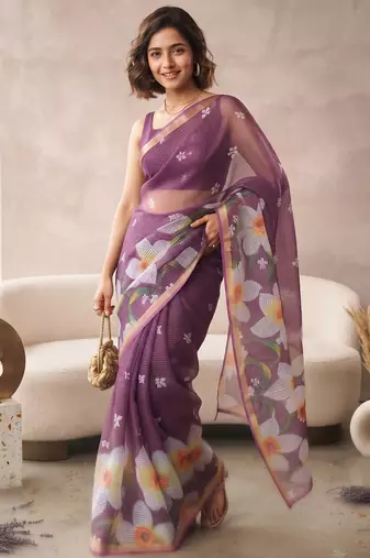 Purple linen floral motifs bollywood digital print saree