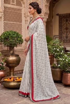 off-white & red chanderi zig-zag printed ready to wear saree 3