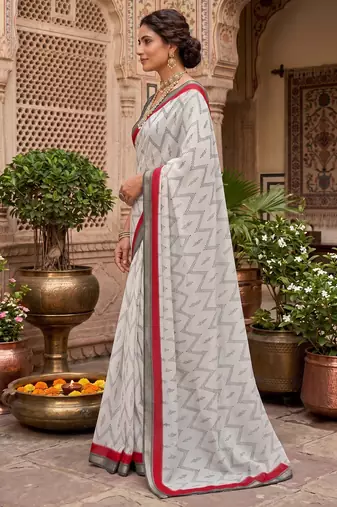 off-white & red chanderi zig-zag printed ready to wear saree