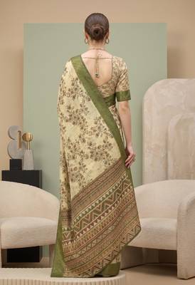Cream linen block print bollywood digital print saree 4