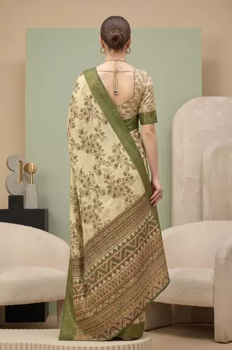 Cream linen block print bollywood digital print saree