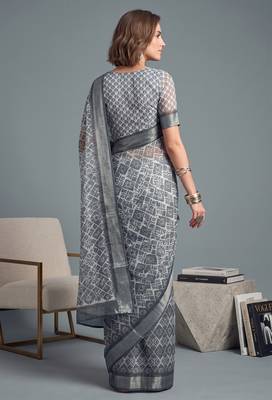 grey linen geometric bollywood digital print saree 4