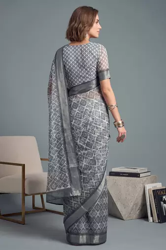 grey linen geometric bollywood digital print saree