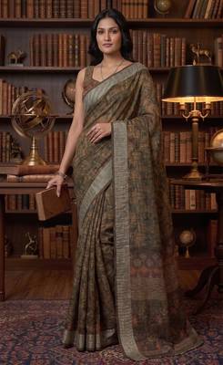 brown chanderi block printed ready to wear saree 1