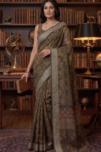 brown chanderi block printed ready to wear saree