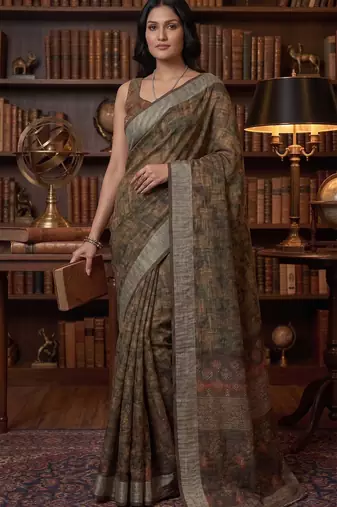 brown chanderi block printed ready to wear saree