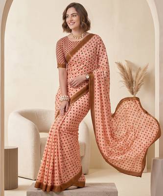 cream & peach chanderi geometric digital print bollywood saree 3