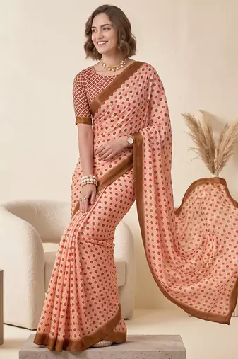 cream & peach chanderi geometric digital print bollywood saree