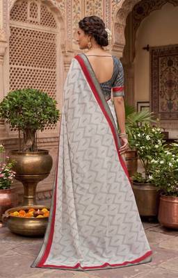 off-white & red chanderi zig-zag printed ready to wear saree 4