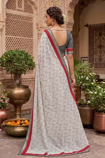 off-white & red chanderi zig-zag printed ready to wear saree