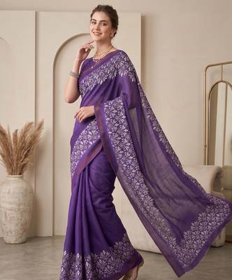 Purple linen solid bollywood digital print saree 1