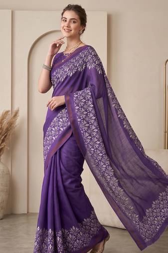 Purple linen solid bollywood digital print saree