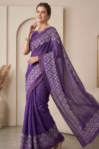 Purple linen solid bollywood digital print saree