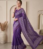 Purple linen solid bollywood digital print saree