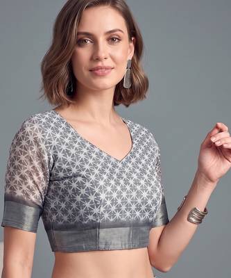 grey linen geometric bollywood digital print saree 5