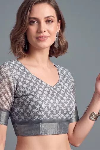 grey linen geometric bollywood digital print saree