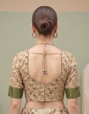 Cream linen block print bollywood digital print saree 5