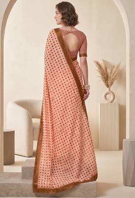 cream & peach chanderi geometric digital print bollywood saree 4