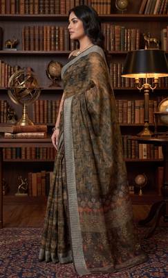 brown chanderi block printed ready to wear saree 2