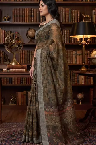 brown chanderi block printed ready to wear saree