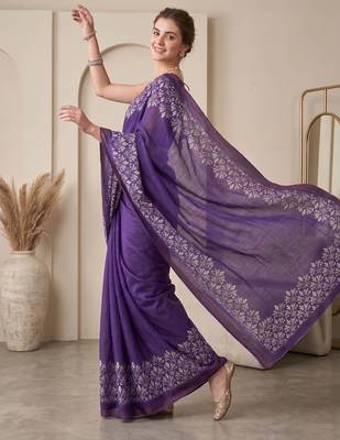 Purple linen solid bollywood digital print saree 2